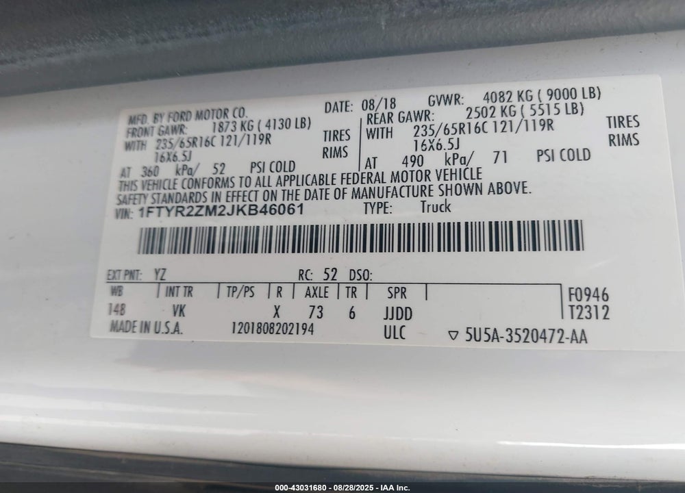 2018 FORD TRANSIT-250 VIN: 1FTYR2ZM2JKB46061