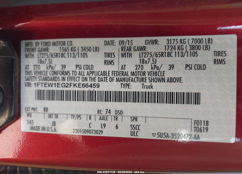 2015 FORD F-150 VIN: 1FTEW1EG2FKE66459