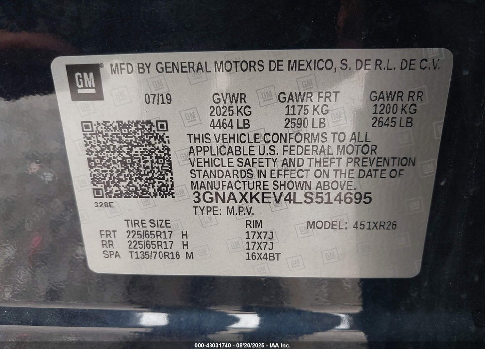 2020 CHEVROLET EQUINOX VIN: 3GNAXKEV4LS514695
