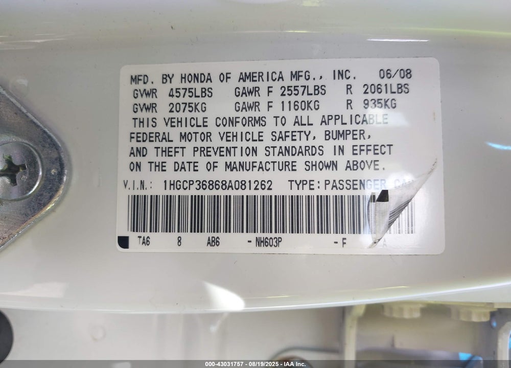 2008 HONDA ACCORD 3.5 EX-L VIN: 1HGCP36868A081262