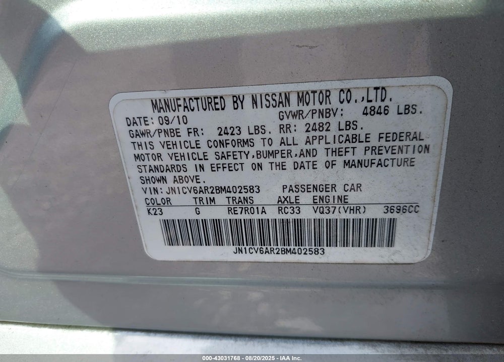 2011 INFINITI G37 VIN: JN1CV6AR2BM402583