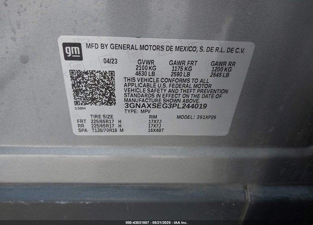 2023 CHEVROLET EQUINOX AWD LS VIN: 3GNAXSEG3PL244019