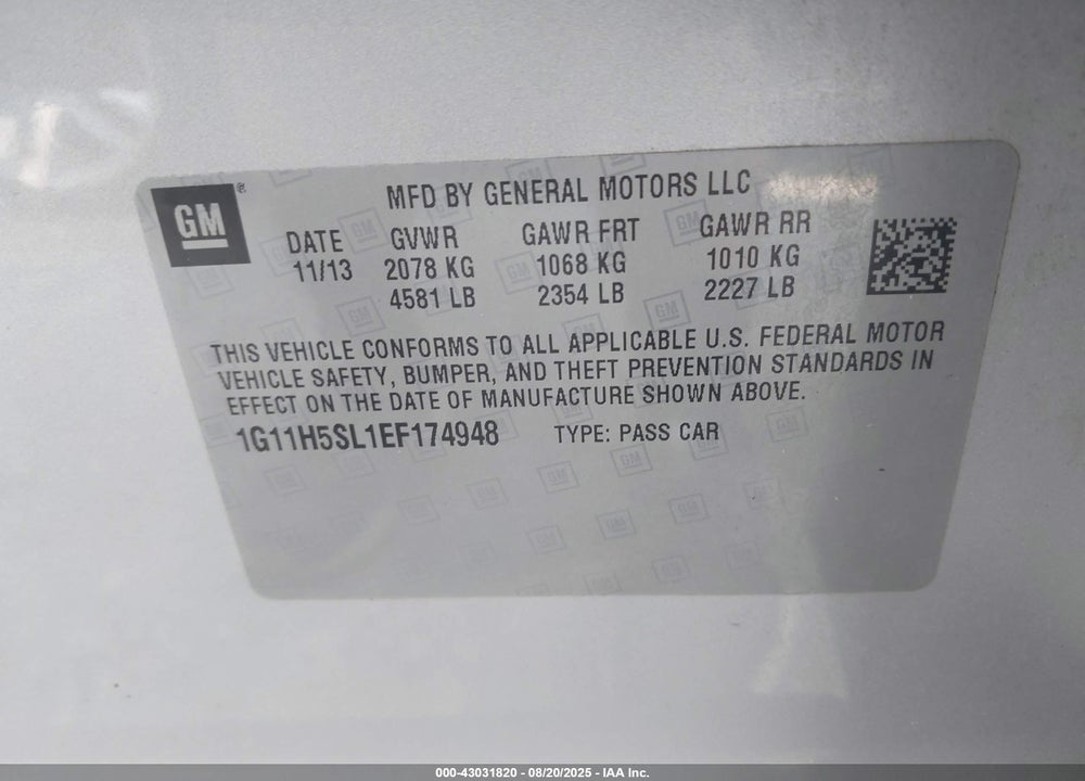 2014 CHEVROLET MALIBU VIN: 1G11H5SL1EF174948