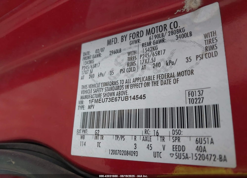 2007 FORD EXPLORER XLT VIN: 1FMEU73E67UB14545
