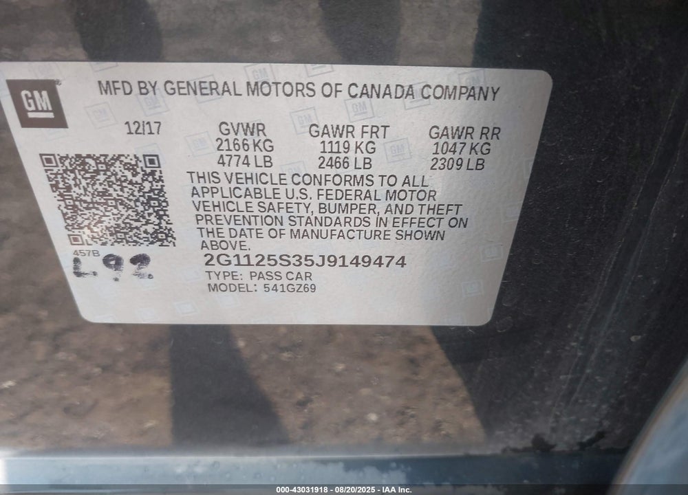 2018 CHEVROLET IMPALA 2LZ VIN: 2G1125S35J9149474