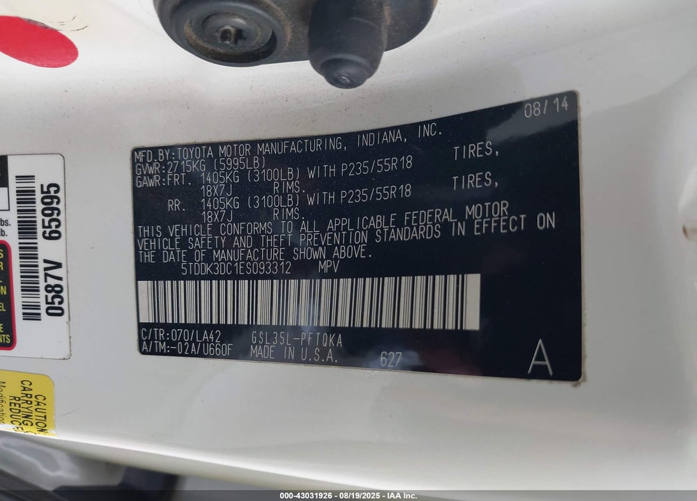 2014 TOYOTA SIENNA LIMITED 7 PASSENGER VIN: 5TDDK3DC1ES093312