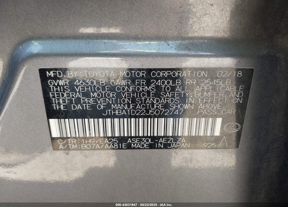 2018 LEXUS IS 300 VIN: JTHBA1D22J5072747
