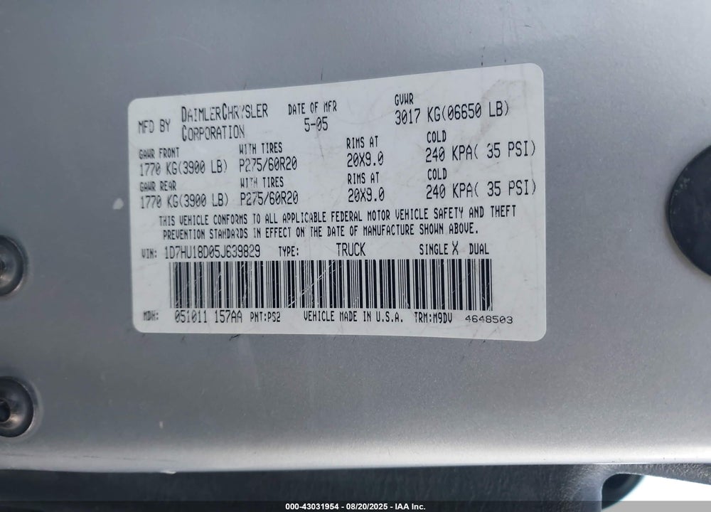 2005 DODGE RAM 1500 SLT/LARAMIE VIN: 1D7HU18D05J639829