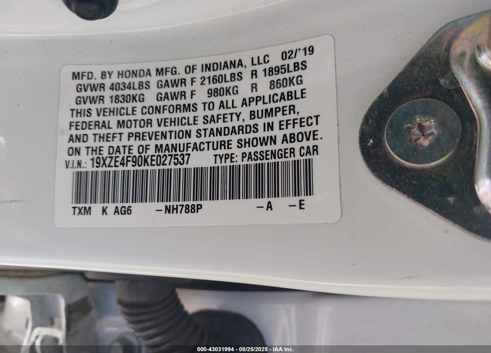2019 HONDA INSIGHT TOURING VIN: 19XZE4F90KE027537