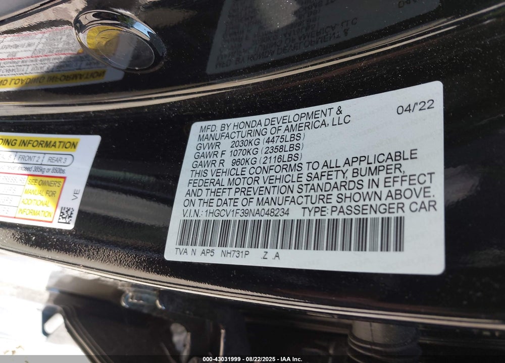 2022 HONDA ACCORD VIN: 1HGCV1F39NA048234