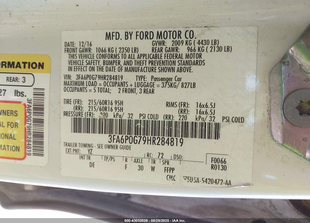 2017 FORD FUSION S VIN: 3FA6P0G79HR284819