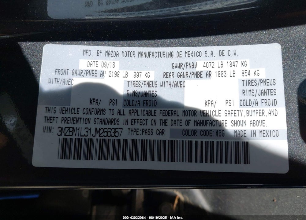 2018 MAZDA 3 VIN: 3MZBN1L31JM256357