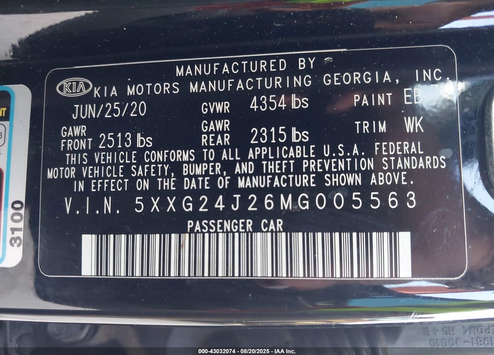 2021 KIA K5 VIN: 5XXG24J26MG005563