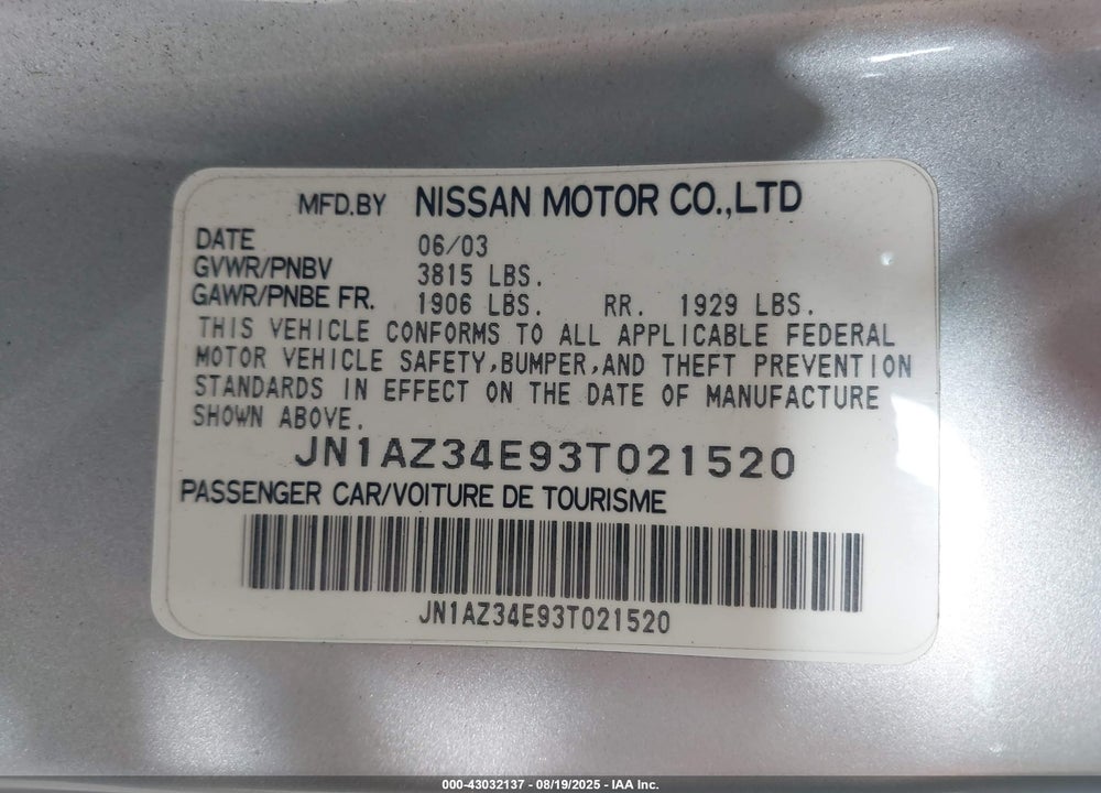 2003 NISSAN 350Z TOURING VIN: JN1AZ34E93T021520