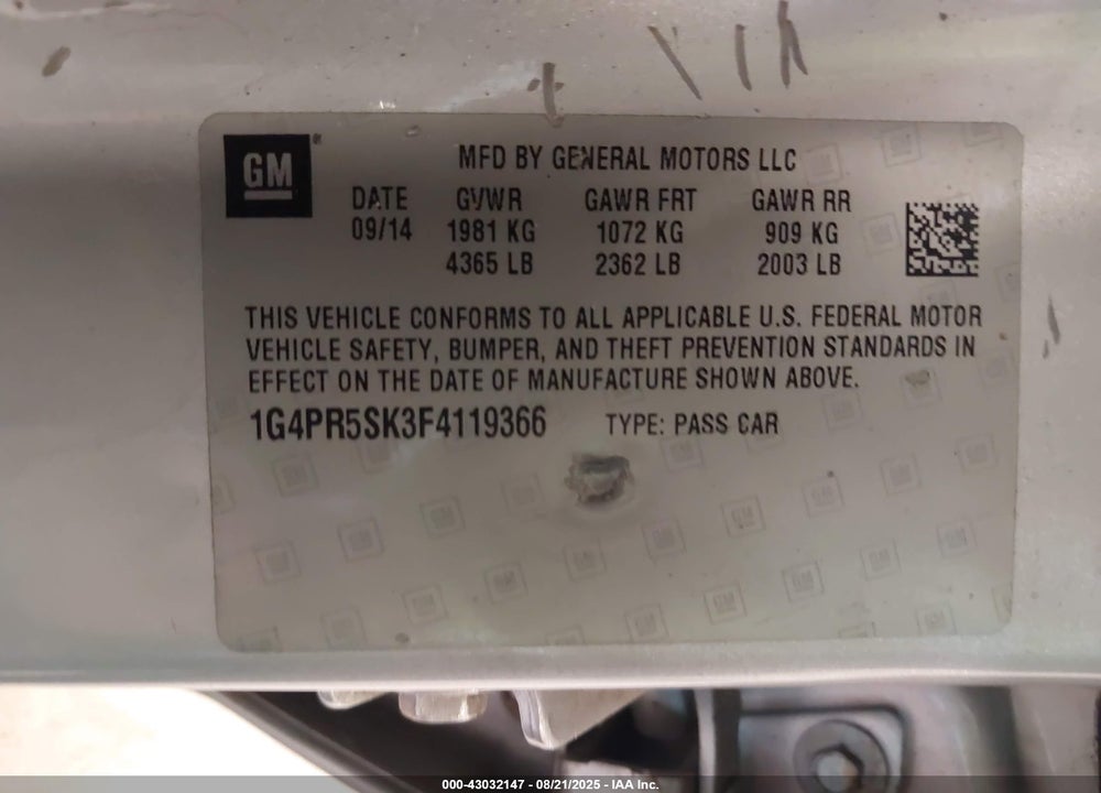 2015 BUICK VERANO VIN: 1G4PR5SK3F4119366