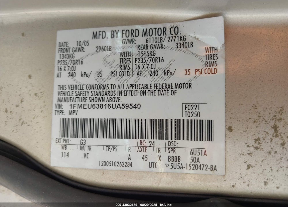 2006 FORD EXPLORER VIN: 1FMEU63816UA59540