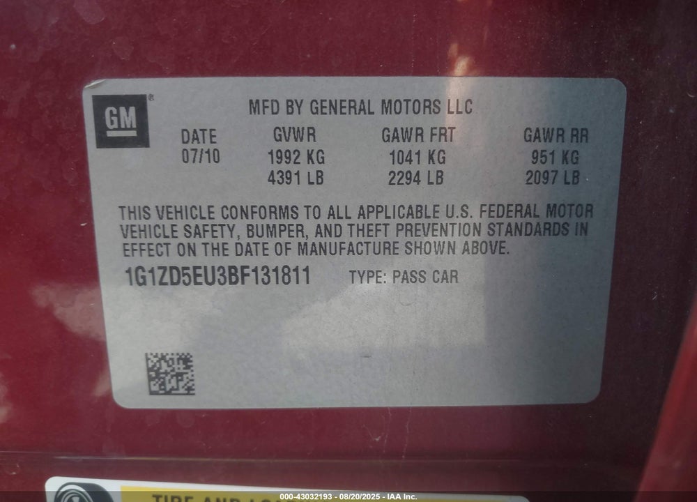 2011 CHEVROLET MALIBU VIN: 1G1ZD5EU3BF131811