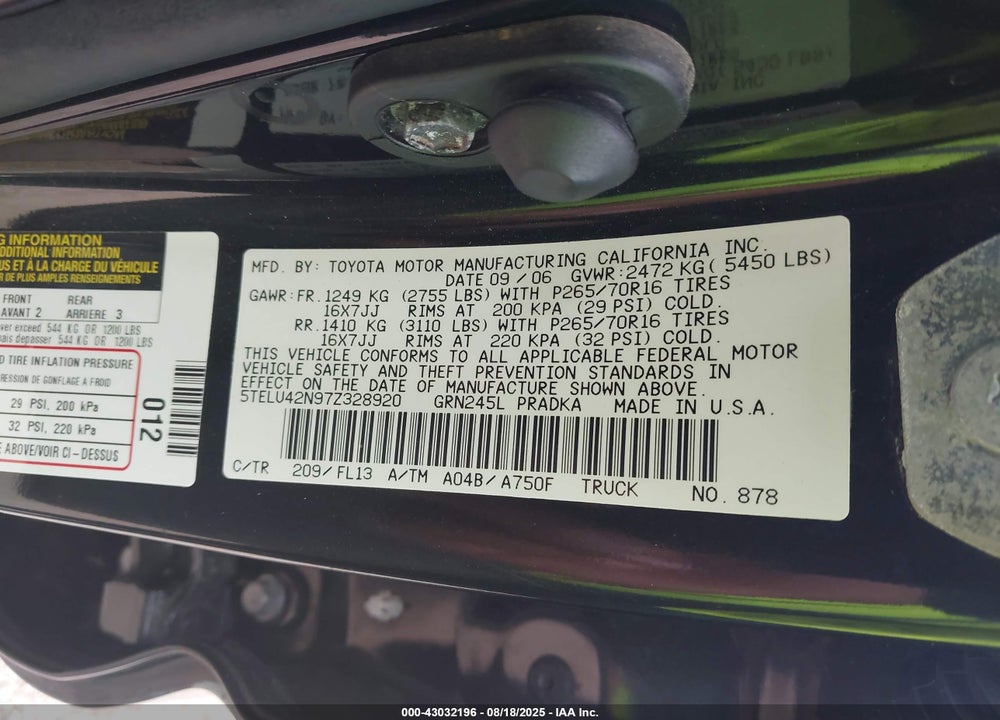 2007 TOYOTA TACOMA BASE V6 VIN: 5TELU42N97Z328920
