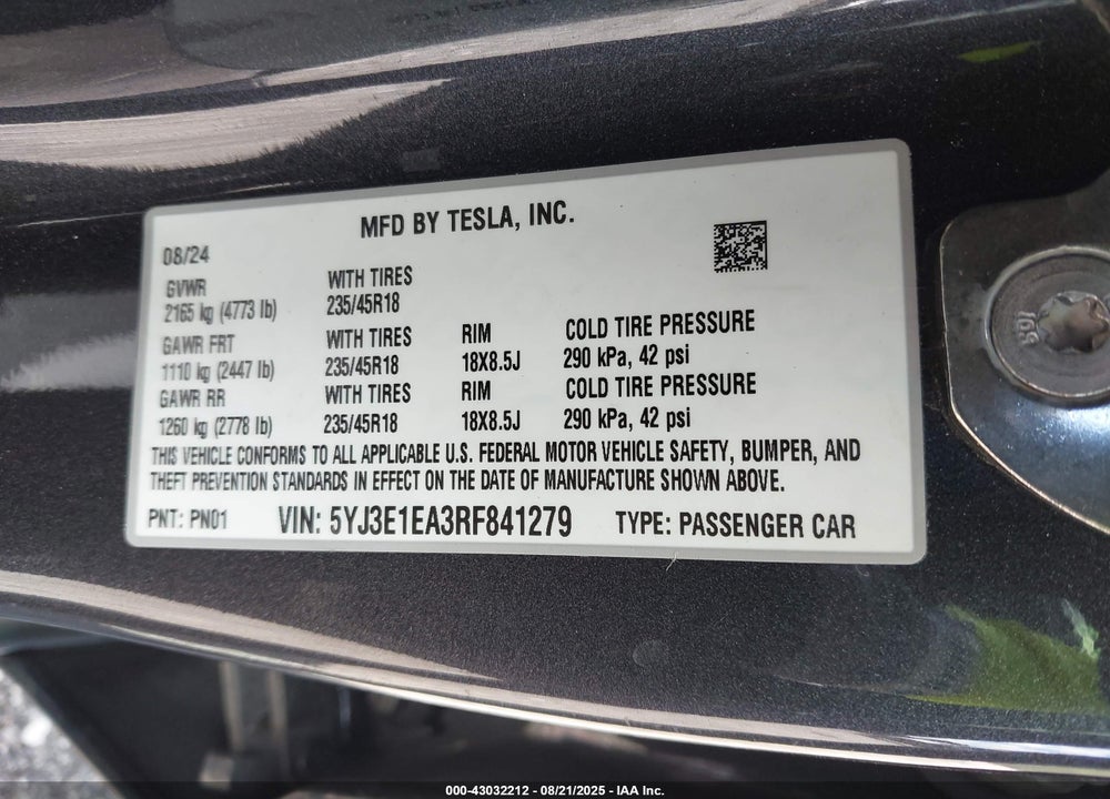 2024 TESLA MODEL 3 VIN: 5YJ3E1EA3RF841279