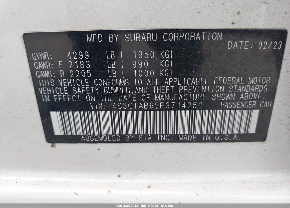2023 SUBARU IMPREZA BASE 5-DOOR VIN: 4S3GTAB62P3714251