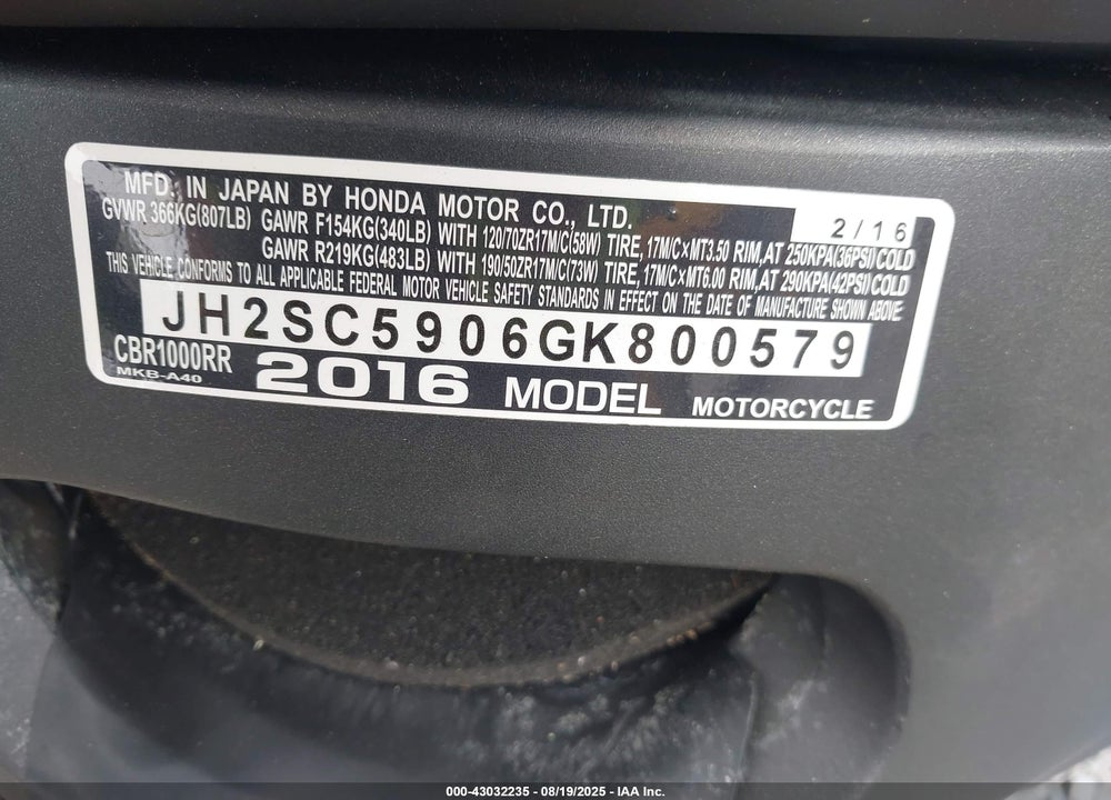 2016 HONDA CBR1000 RR VIN: JH2SC5906GK800579