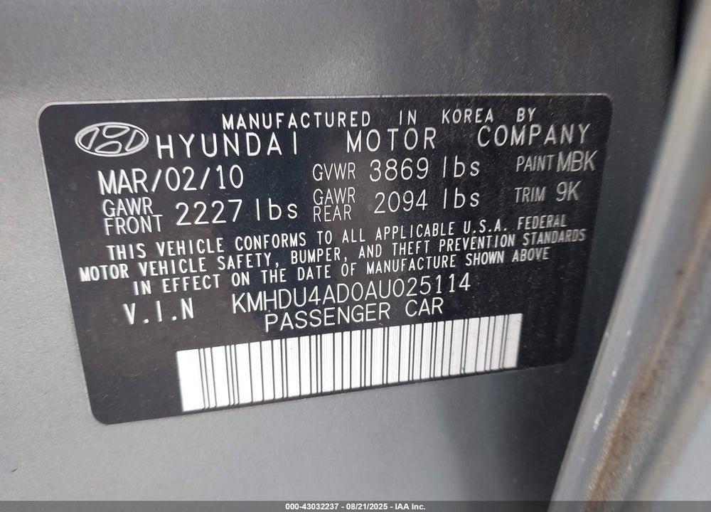 2010 HYUNDAI ELANTRA VIN: KMHDU4AD0AU025114