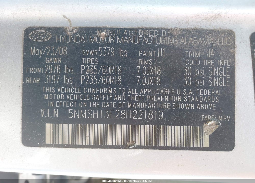 2008 HYUNDAI SANTA FE LIMITED/SE VIN: 5NMSH13E28H221819