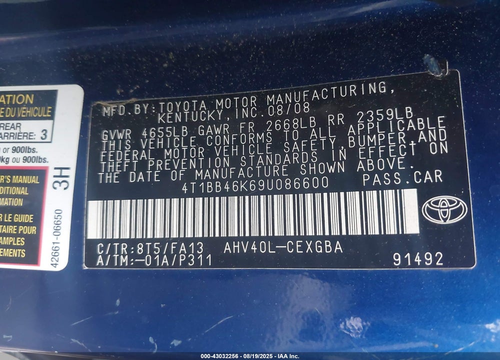 2009 TOYOTA CAMRY HYBRID VIN: 4T1BB46K69U086600