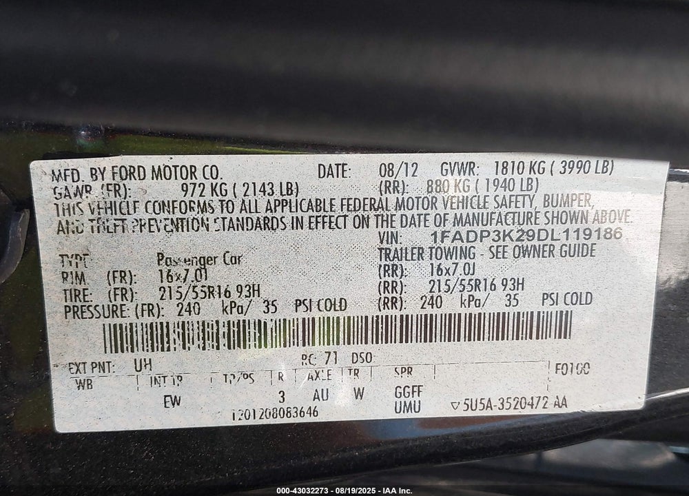 2013 FORD FOCUS VIN: 1FADP3K29DL119186
