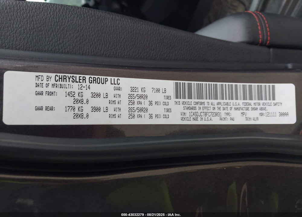 2015 DODGE DURANGO VIN: 1C4SDJCT8FC723031