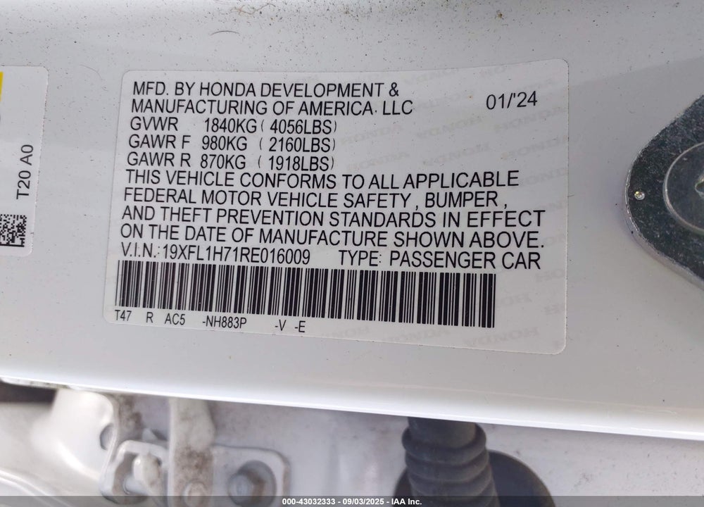 2024 HONDA CIVIC VIN: 19XFL1H71RE016009