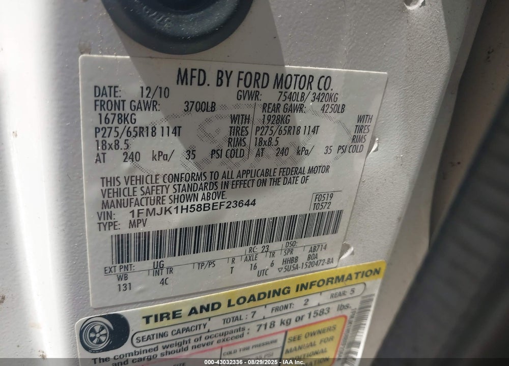 2011 FORD EXPEDITION VIN: 1FMJK1H58BEF23644