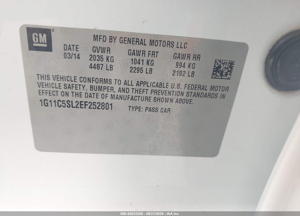 2014 CHEVROLET MALIBU VIN: 1G11C5SL2EF252801