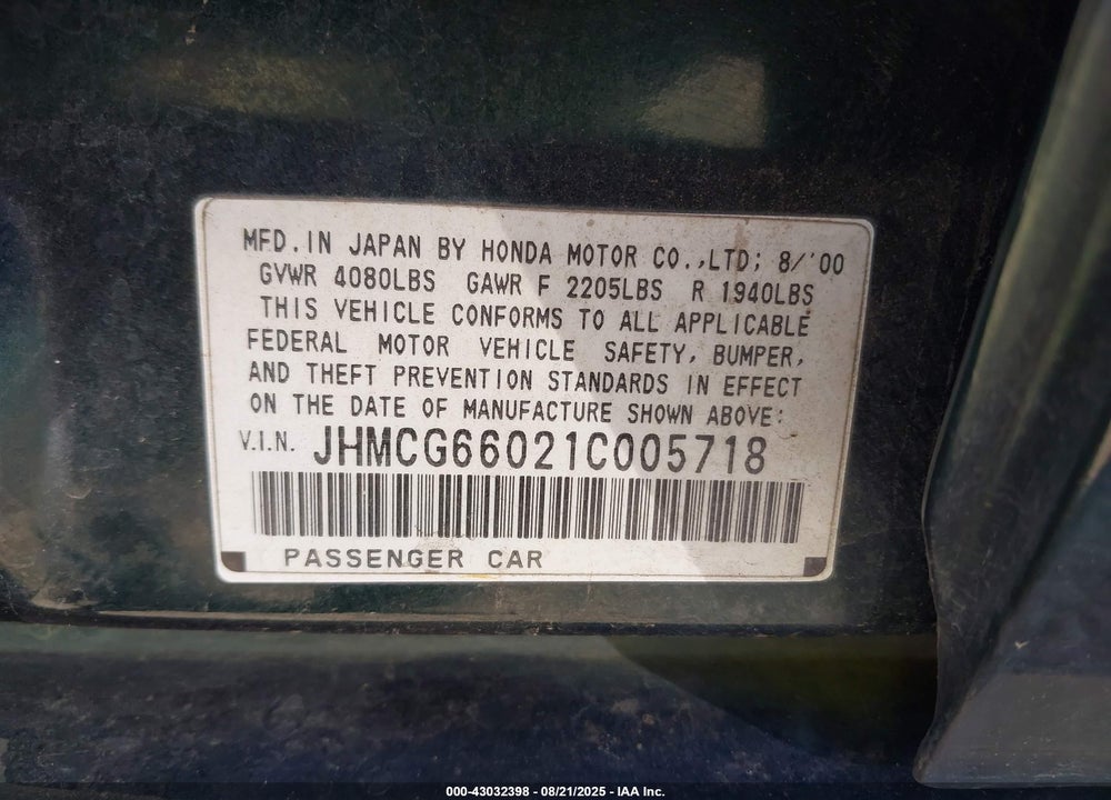 2001 HONDA ACCORD 2.3 EX VIN: JHMCG66021C005718