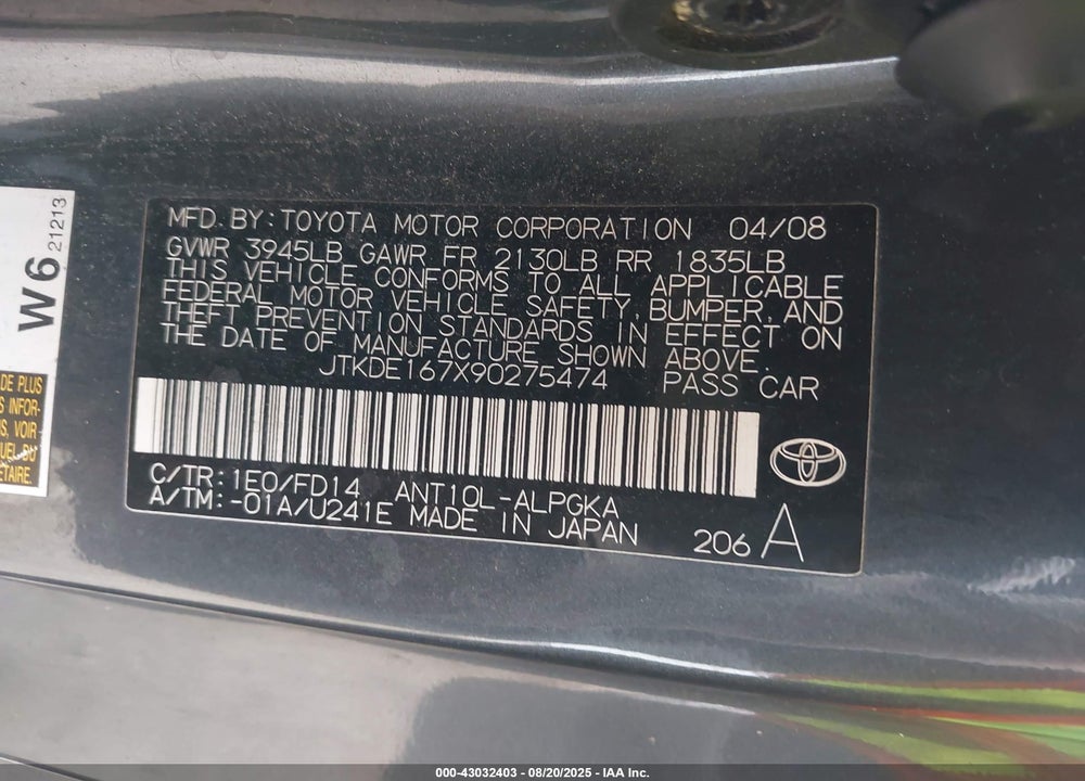 2009 SCION TC VIN: JTKDE167X90275474