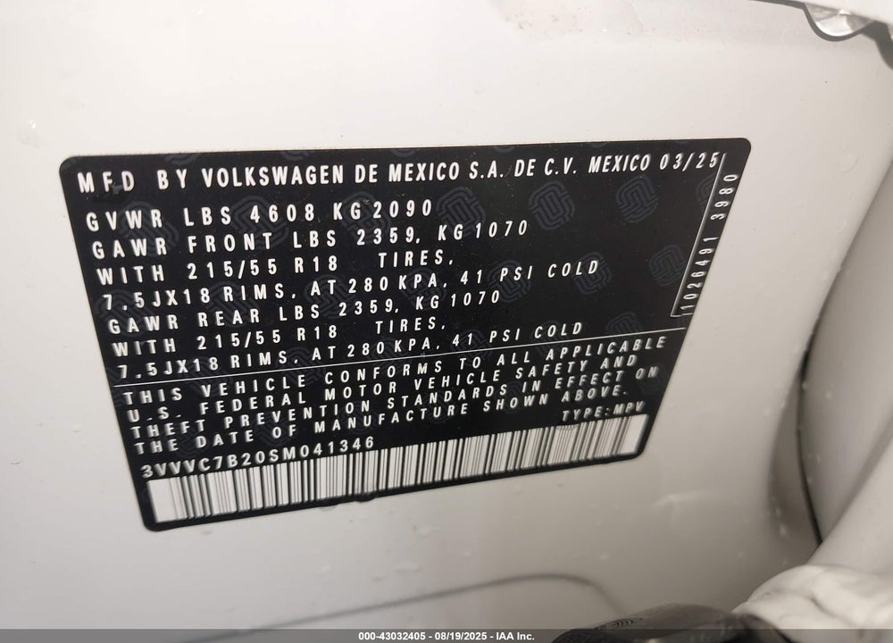 2025 VOLKSWAGEN TAOS VIN: 3VVVC7B20SM041346