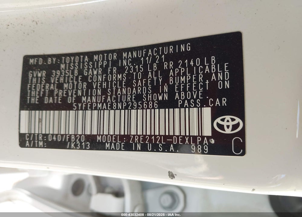 2022 TOYOTA COROLLA VIN: 5YFEPMAE8NP295686