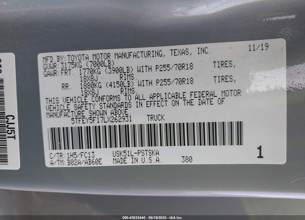 2020 TOYOTA TUNDRA VIN: 5TFEY5F17LX262931