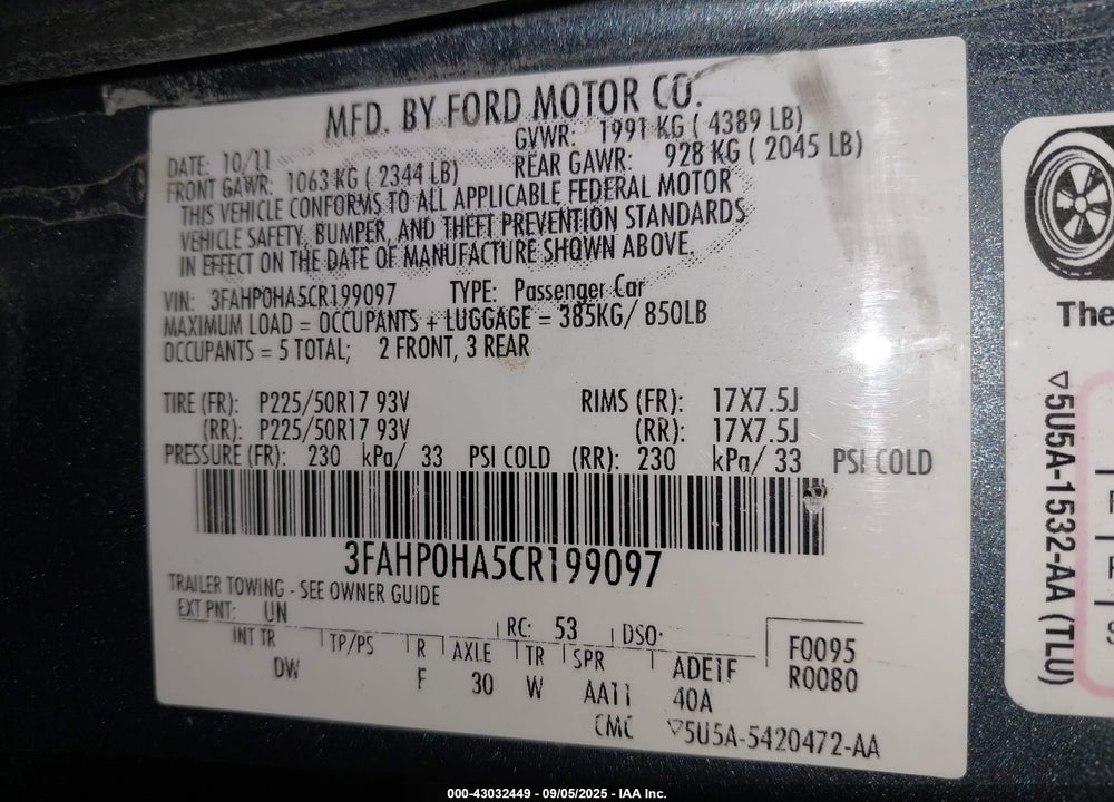 2012 FORD FUSION SE VIN: 3FAHP0HA5CR199097