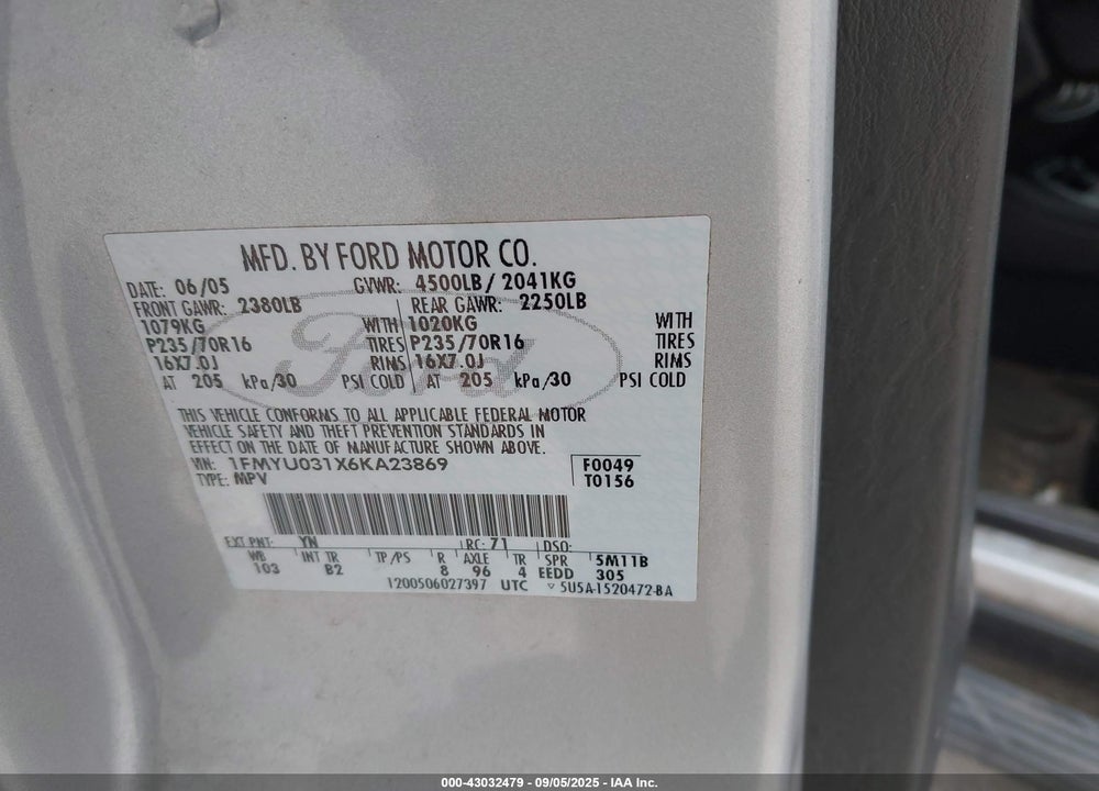 2006 FORD ESCAPE XLT/XLT SPORT VIN: 1FMYU031X6KA23869