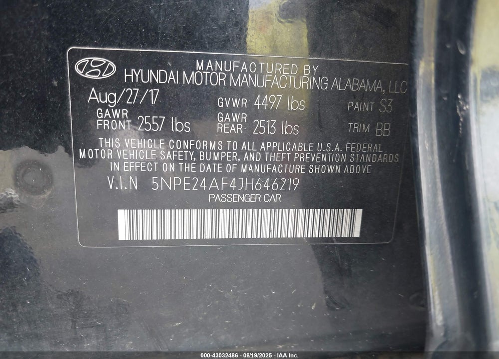 2018 HYUNDAI SONATA SE VIN: 5NPE24AF4JH646219