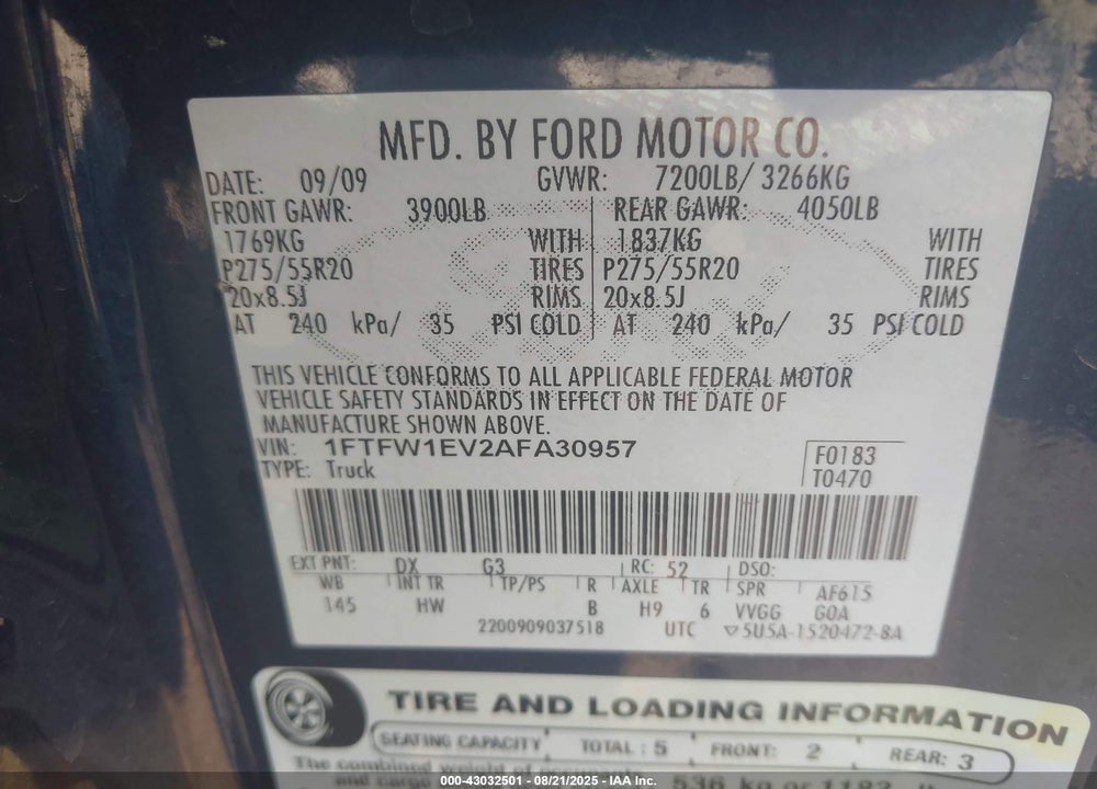 2010 FORD F-150 VIN: 1FTFW1EV2AFA30957