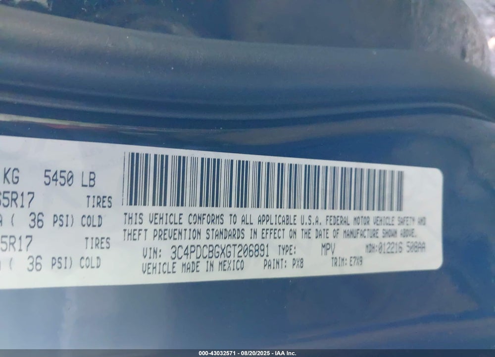 2016 DODGE JOURNEY VIN: 3C4PDCBGXGT206891