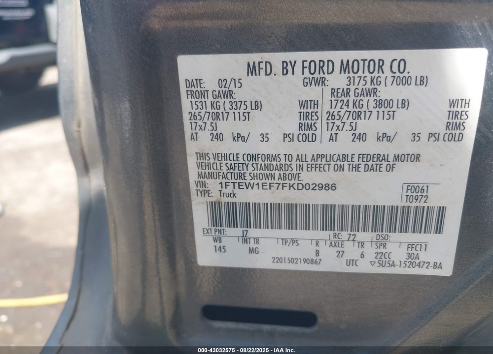 2015 FORD F-150 XLT VIN: 1FTEW1EF7FKD02986