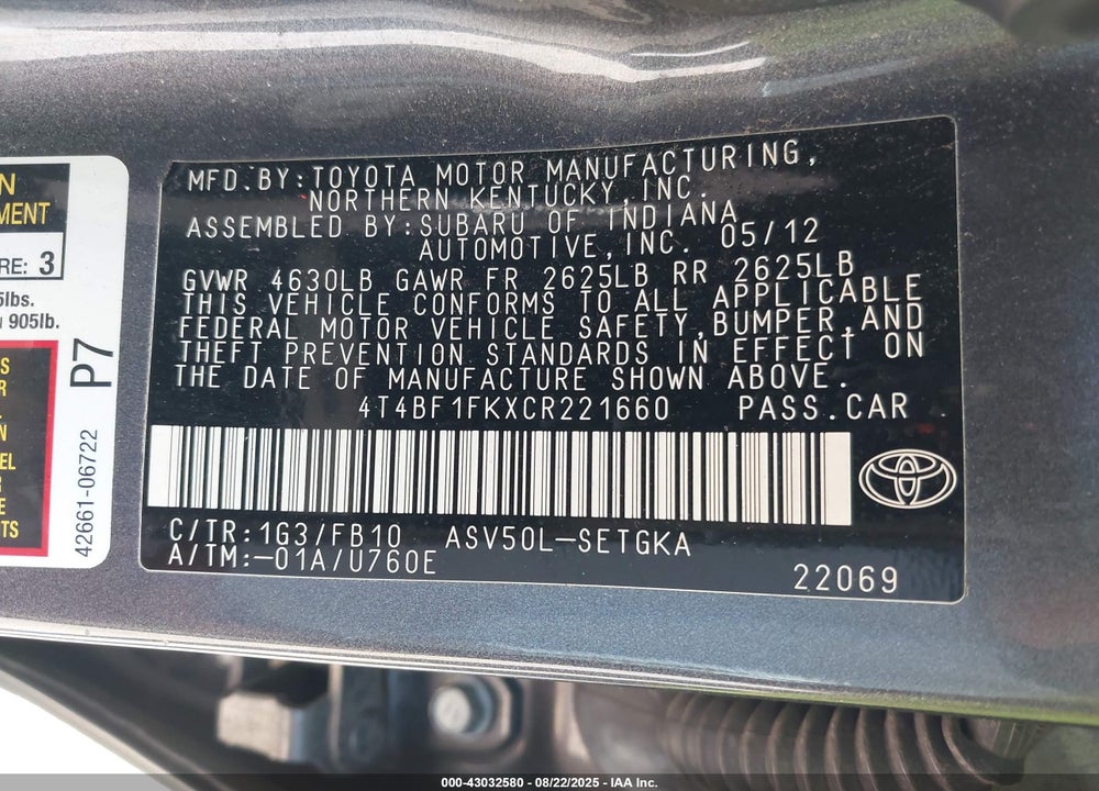 2012 TOYOTA CAMRY VIN: 4T4BF1FKXCR221660