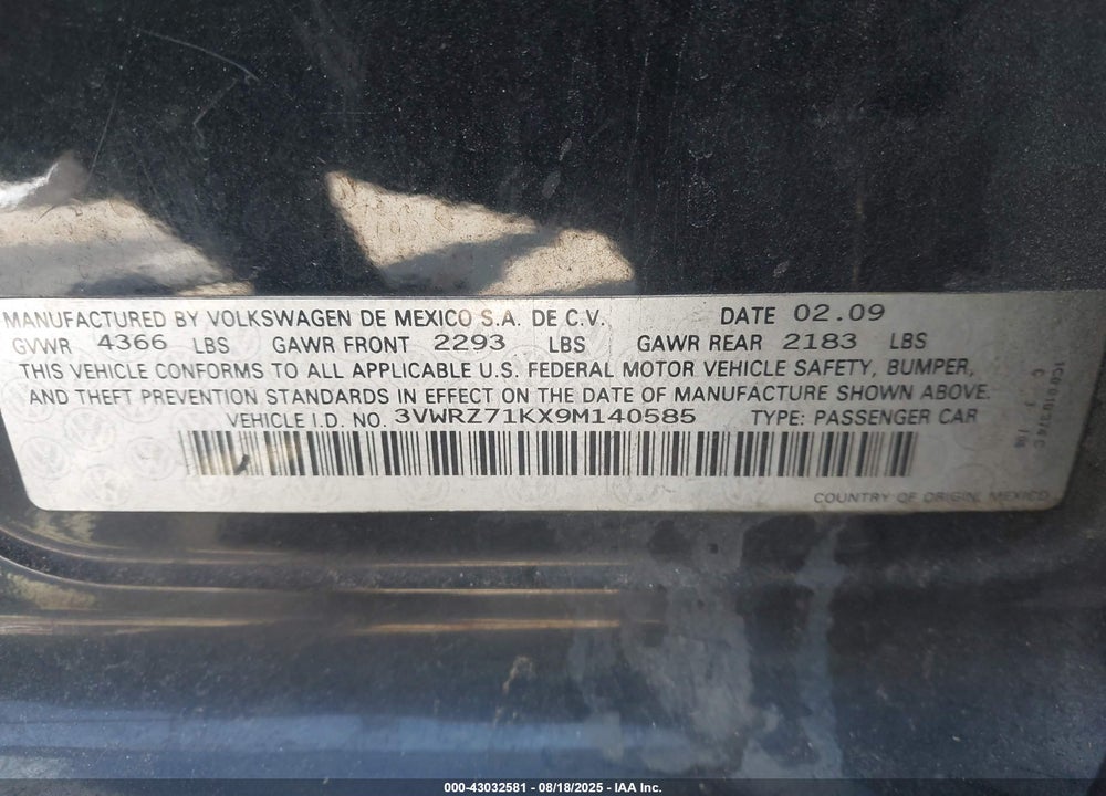 2009 VOLKSWAGEN JETTA VIN: 3VWRZ71KX9M140585