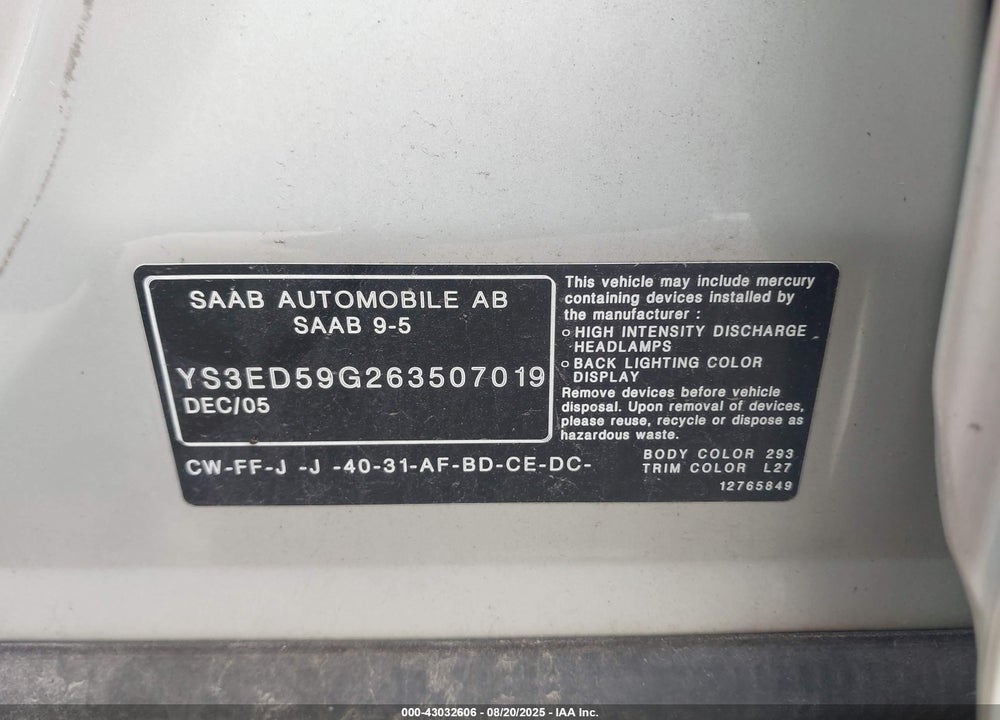 2006 SAAB 9-5 VIN: YS3ED59G263507019