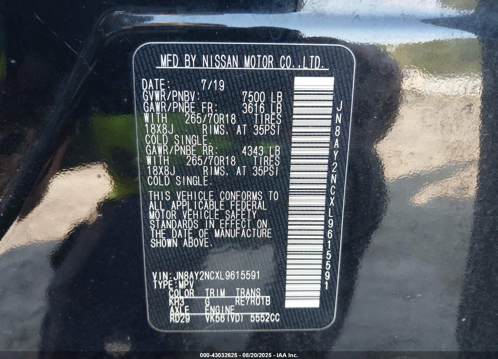 2020 NISSAN ARMADA SV 4WD VIN: JN8AY2NCXL9615591