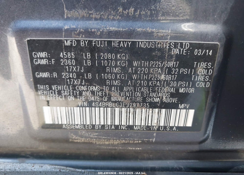 2014 SUBARU OUTBACK VIN: 4S4BRBLC3E3297735