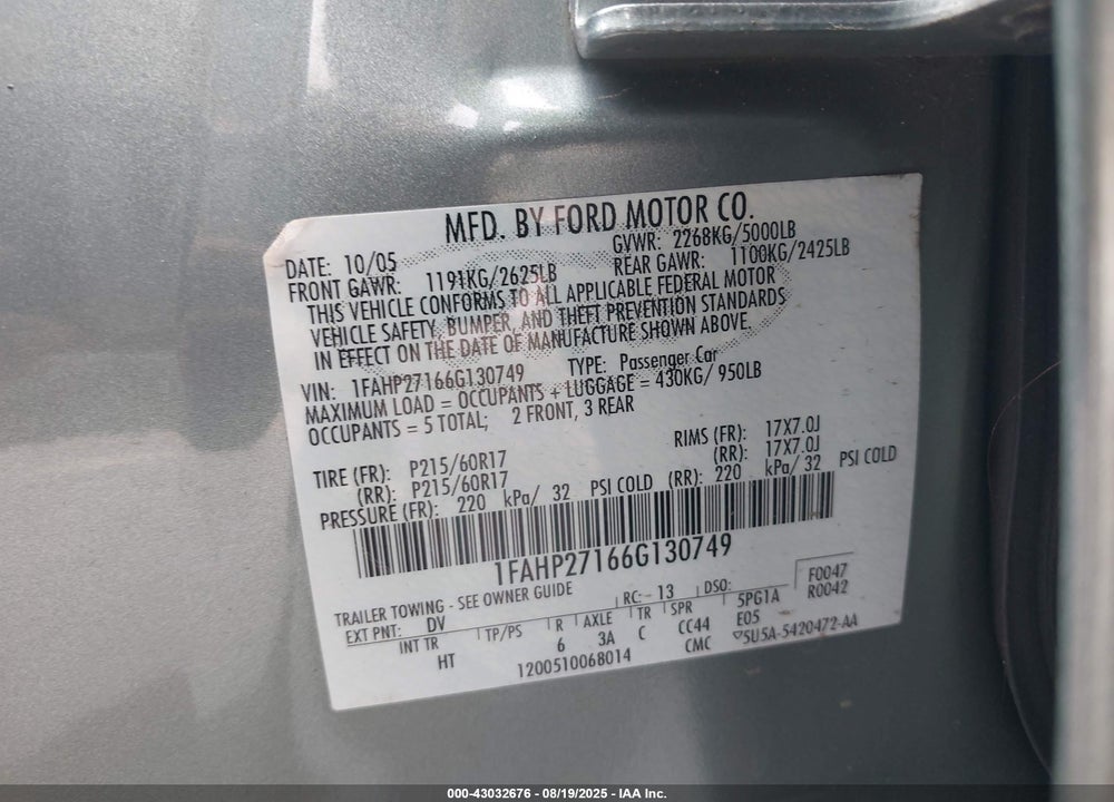 2006 FORD FIVE HUNDRED SEL VIN: 1FAHP27166G130749
